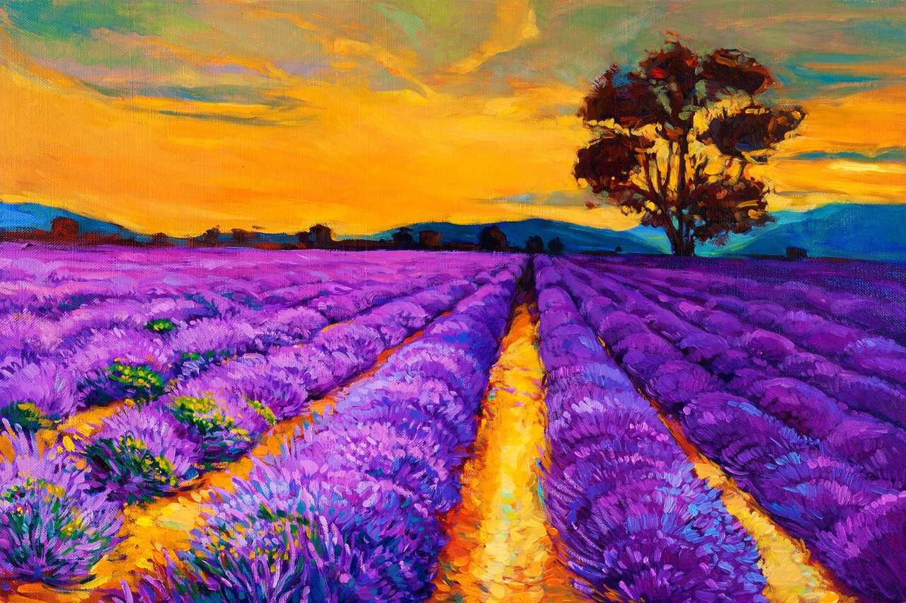 Original oljemålning av lavendel fält på canvas.sunset landskap.Modern impressionism Pussel online