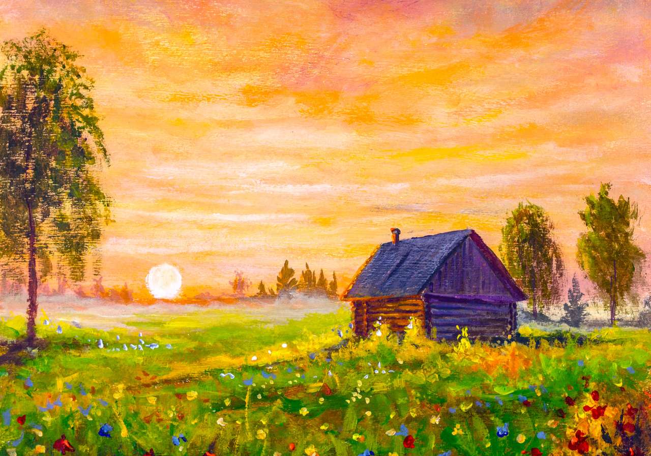 Pintura al óleo original de los campos de lavanda en lienzo.Sunset paisaje. Impresionismo rompecabezas en línea
