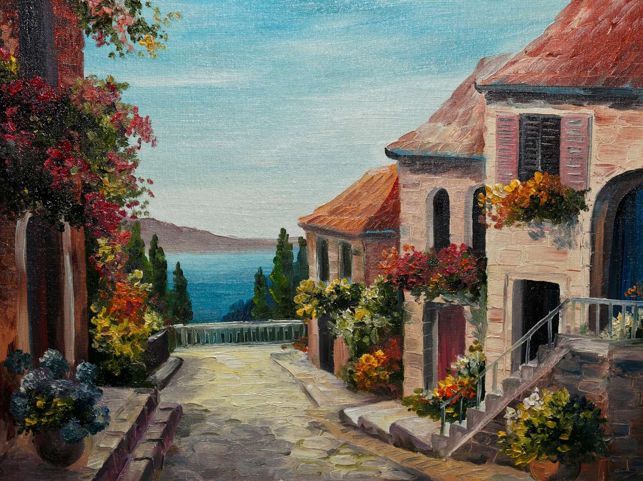 Olieverfschilderij op canvas - Huis in de buurt van de zee, Europa, Volcano online puzzel