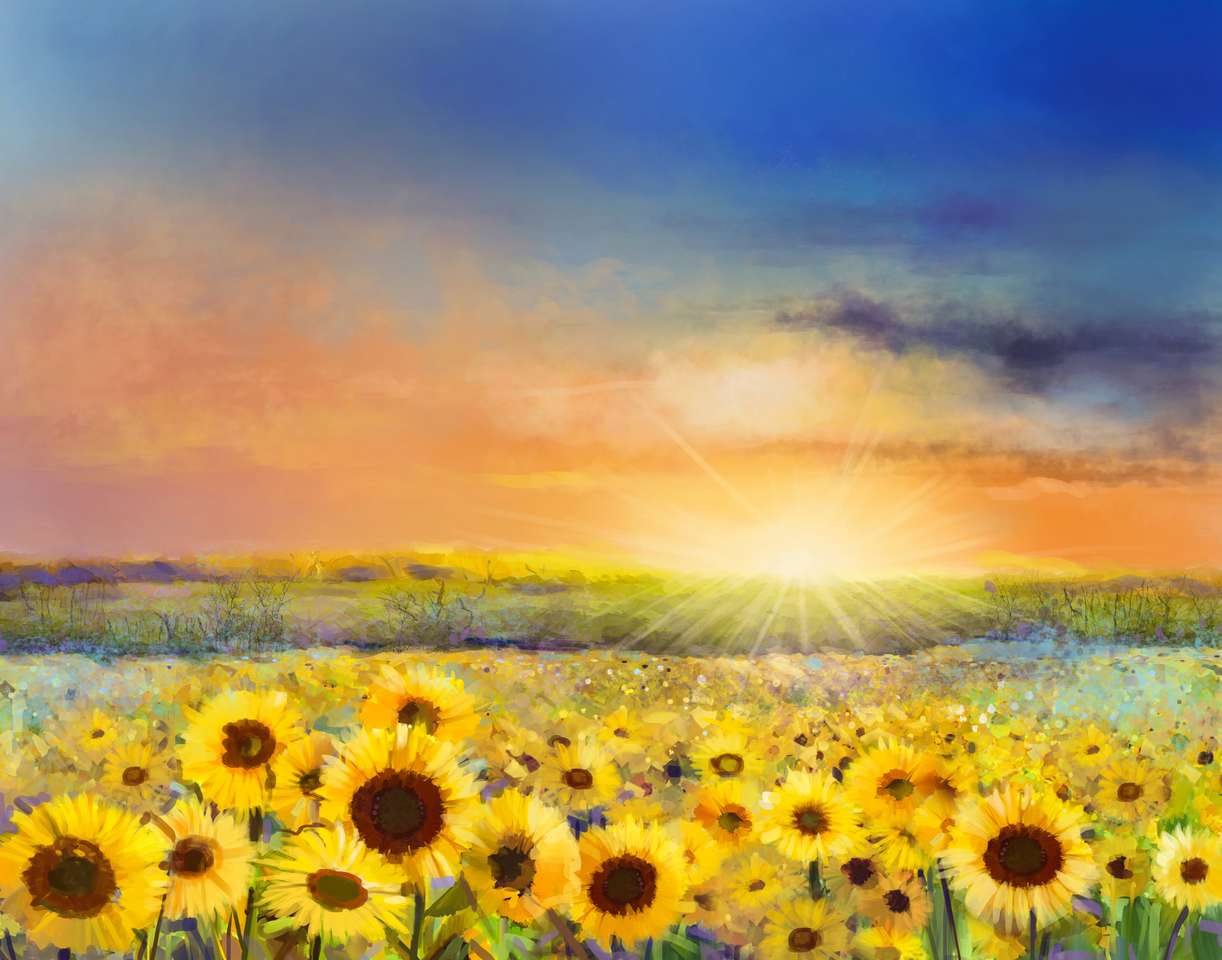 ひまわりの花。金色のひまわり畑のある田舎の夕日の風景の油絵。夕日の暖かい光と背景のオレンジとブルーの色の丘の色。 ジグソーパズルオンライン