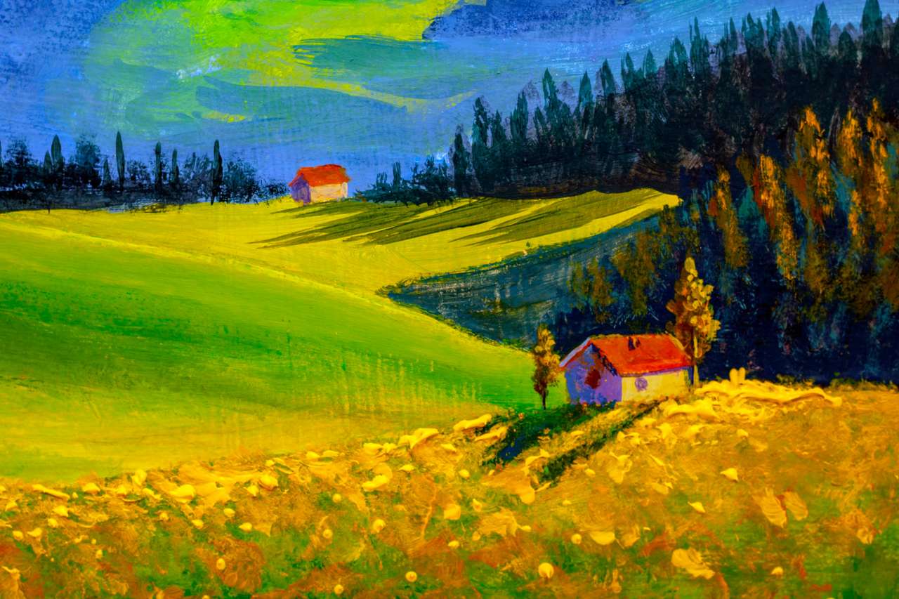 Pintura de casas de campo en hermosas pendientes en prados. Bella arte positivo soleado del paisaje del verano. Pintura al óleo sobre lienzo. rompecabezas en línea