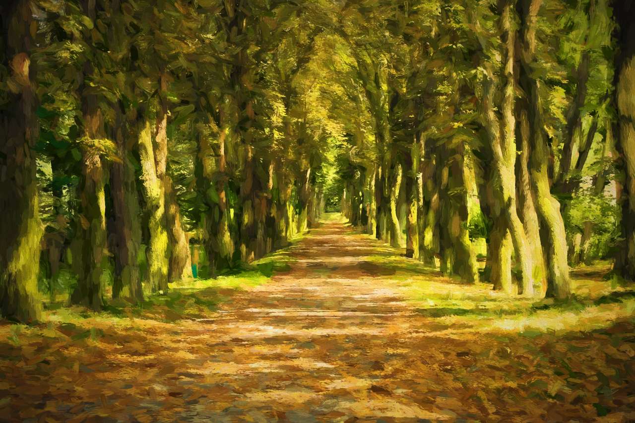 Olieverfschilderij door het herfstbos. Origineel olieverfschilderij op canvas. puzzel
