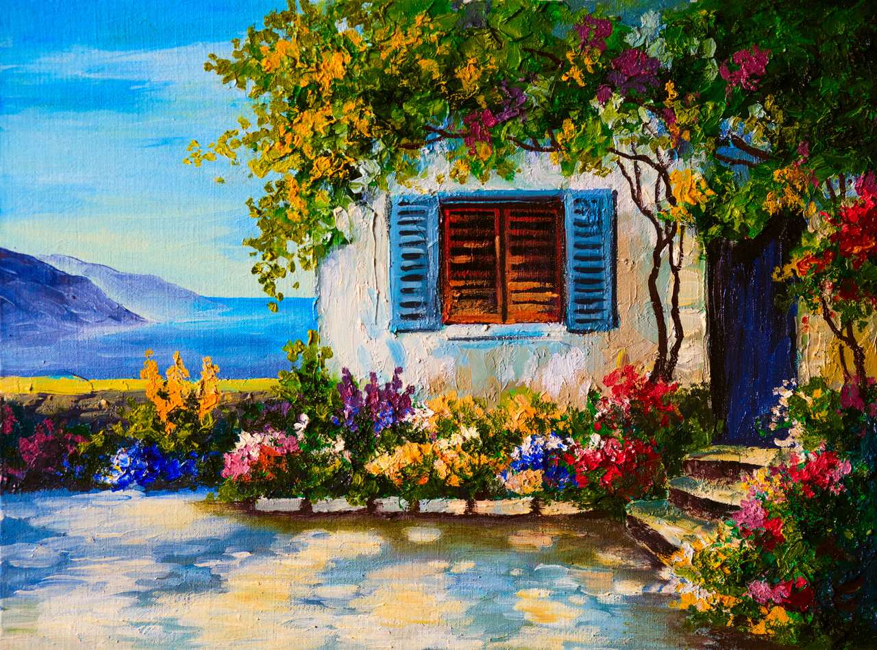 Pictura de ulei pe panza a unei case frumoase din apropierea mării, desen abstract jigsaw puzzle online