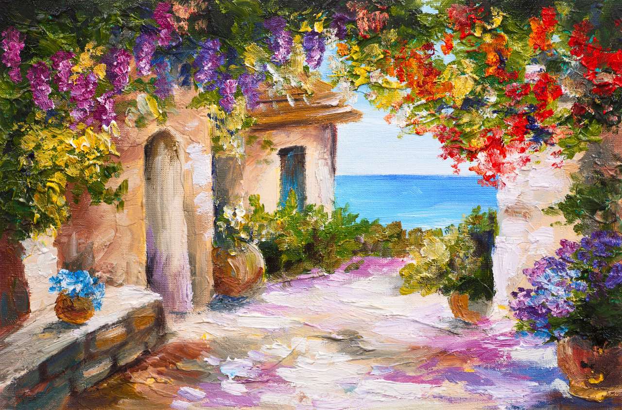 Olieverfschilderij - huis in de buurt van de zee, kleurrijke bloemen, zomer zeegezicht legpuzzel online