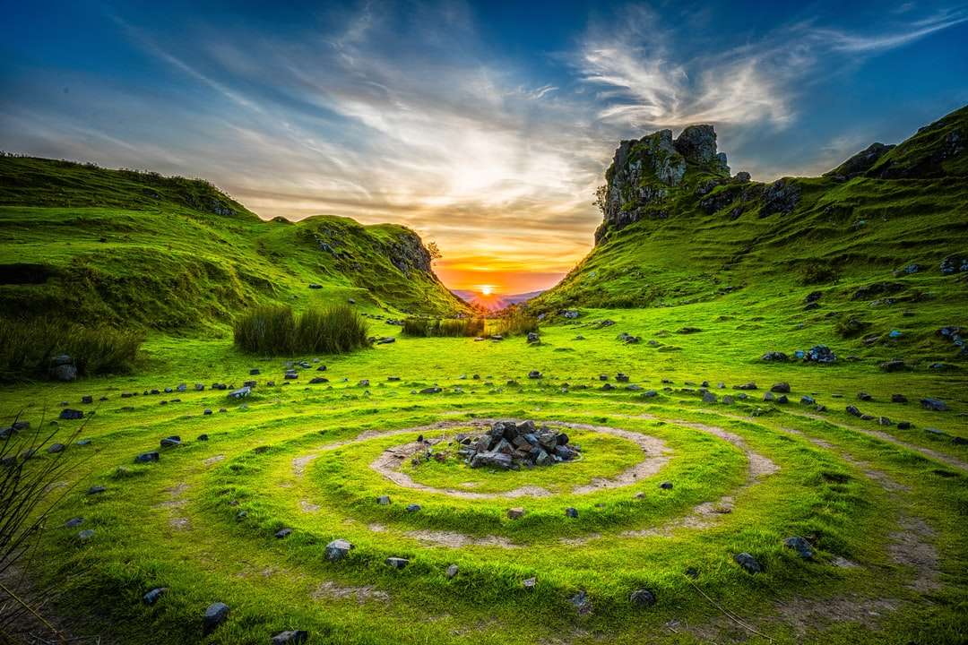 Campo di erba verde durante il tramonto puzzle online