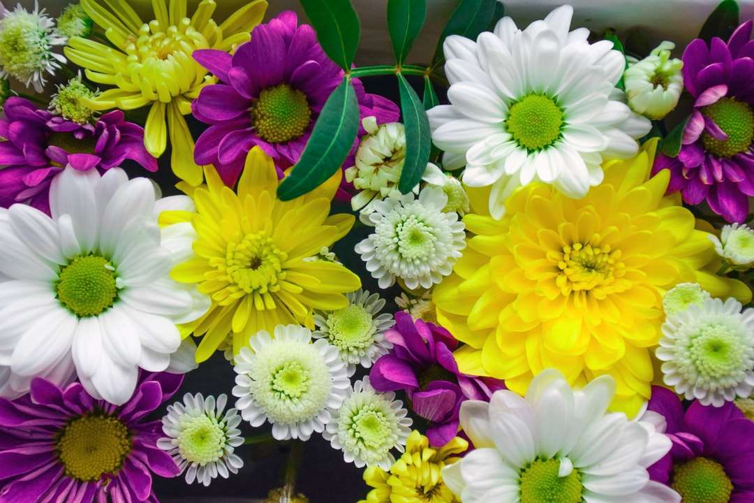 Gelbe und lila Blumen in der Nähe von oben Puzzlespiel online