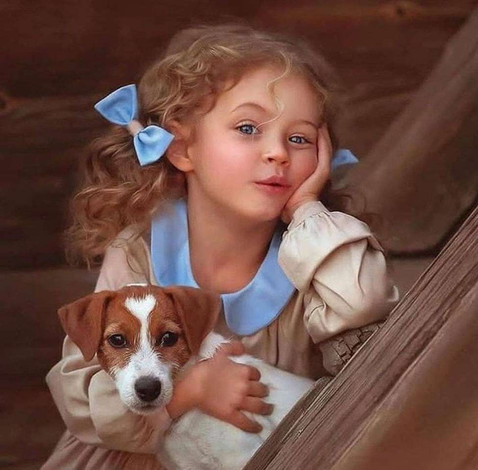 Красиво замислено малко момиченце с куче онлайн пъзел