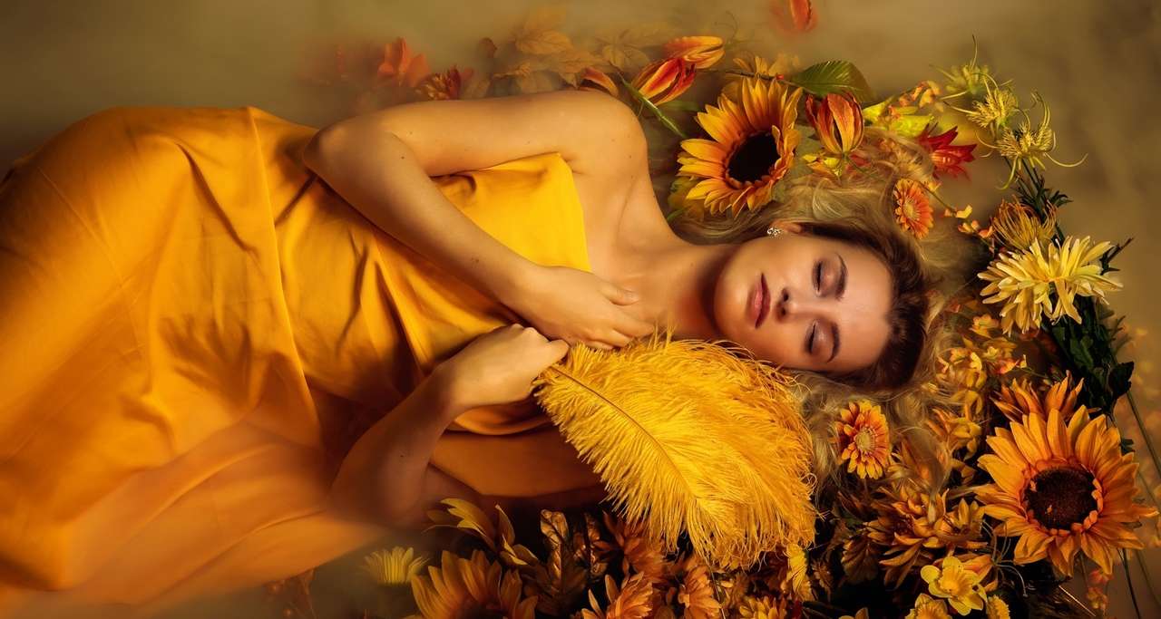 Schlafende Frau in Sonnenblumen Online-Puzzle
