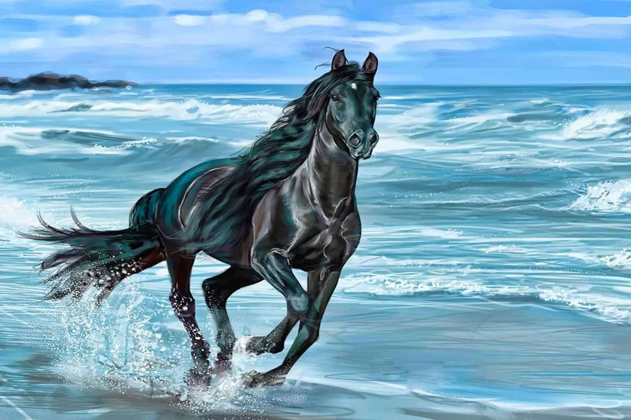 Cheval noir galopant sur le bord de la mer puzzle en ligne