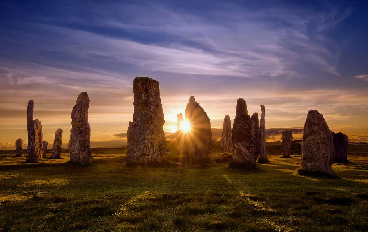 Calranish Stones při západu slunce, Skotsko skládačky online