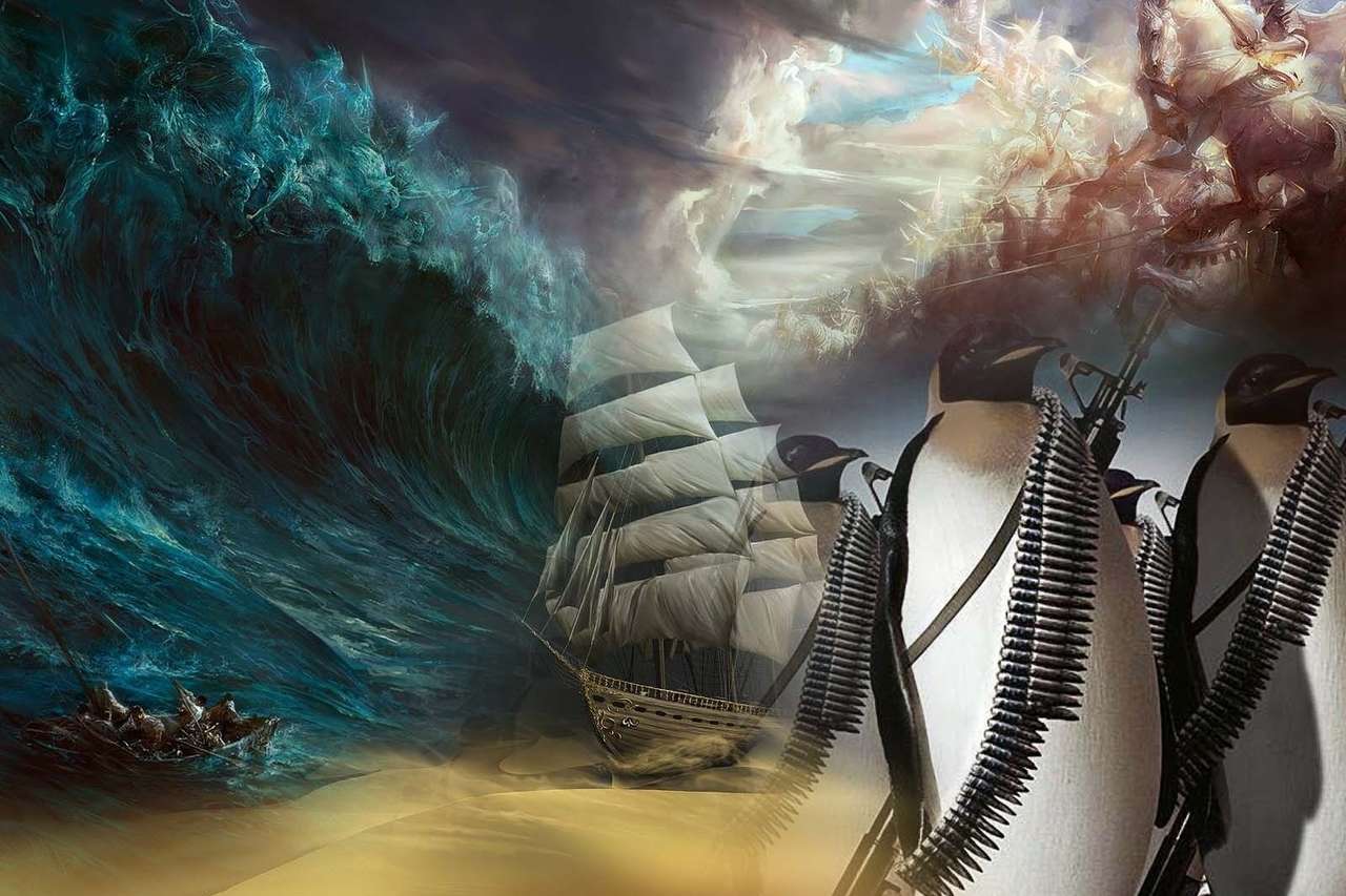 Графичен - кораб на морето, армия на пингвин онлайн пъзел