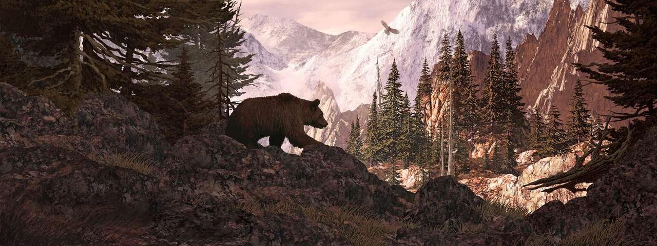 Grizzlybär mit Blick auf einen felsigen Berg-Canyon Puzzlespiel online