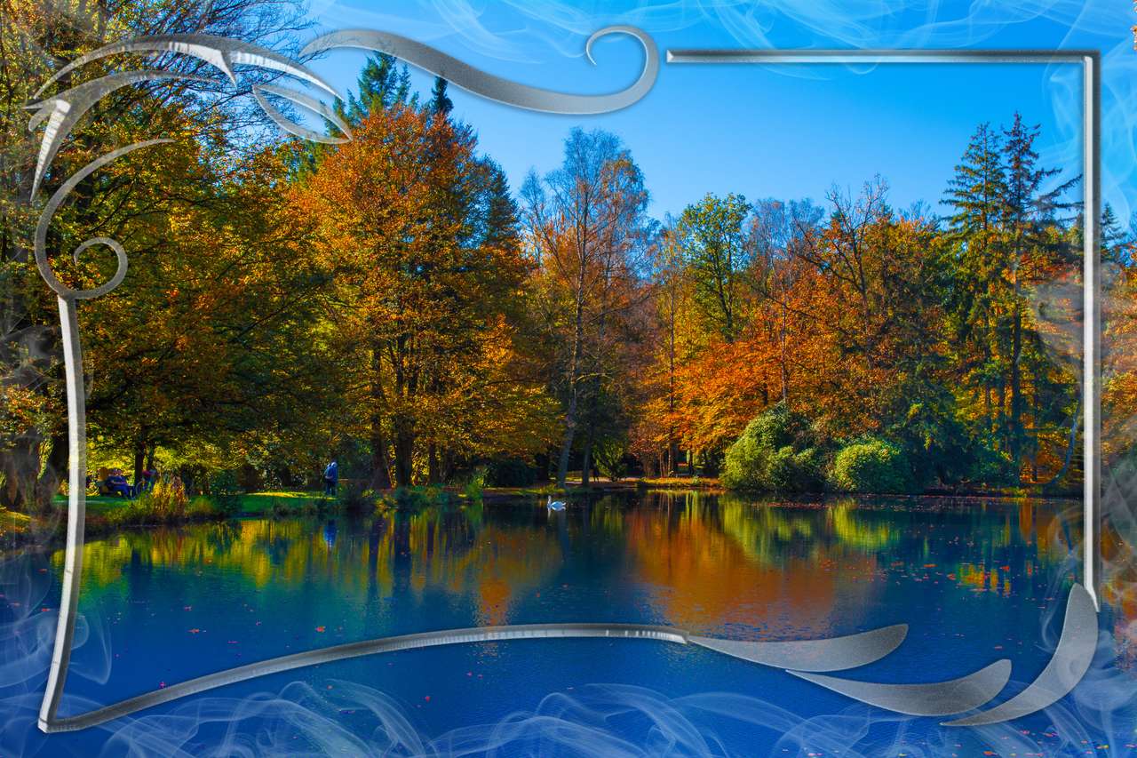 Bosque de otoño con lago rompecabezas en línea