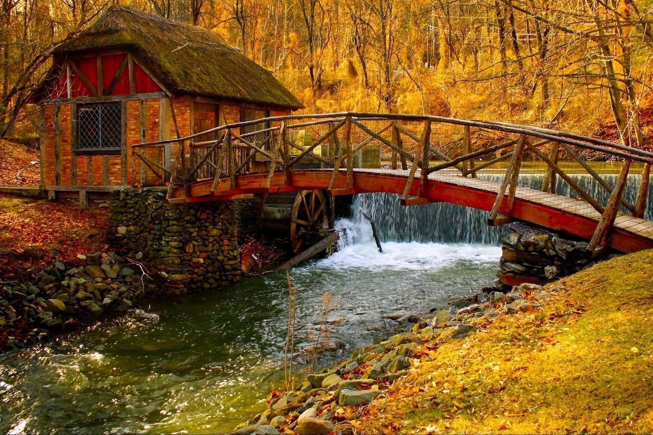 Река с мост и къща в гората онлайн пъзел