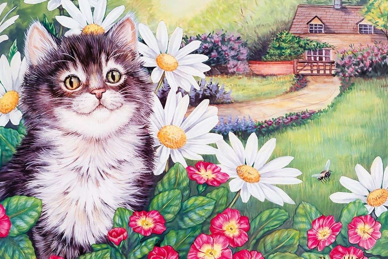 Коте сред цветя онлайн пъзел