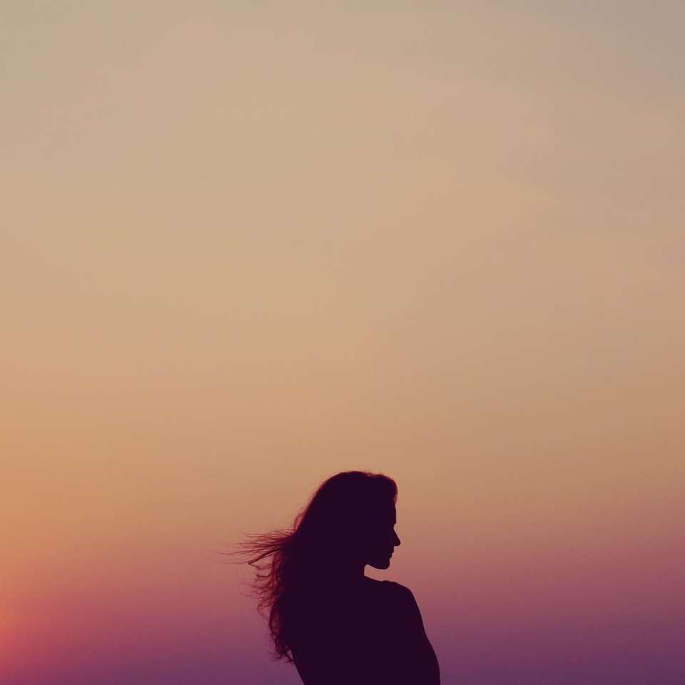 Silhouette de femme sous un ciel orange puzzle en ligne