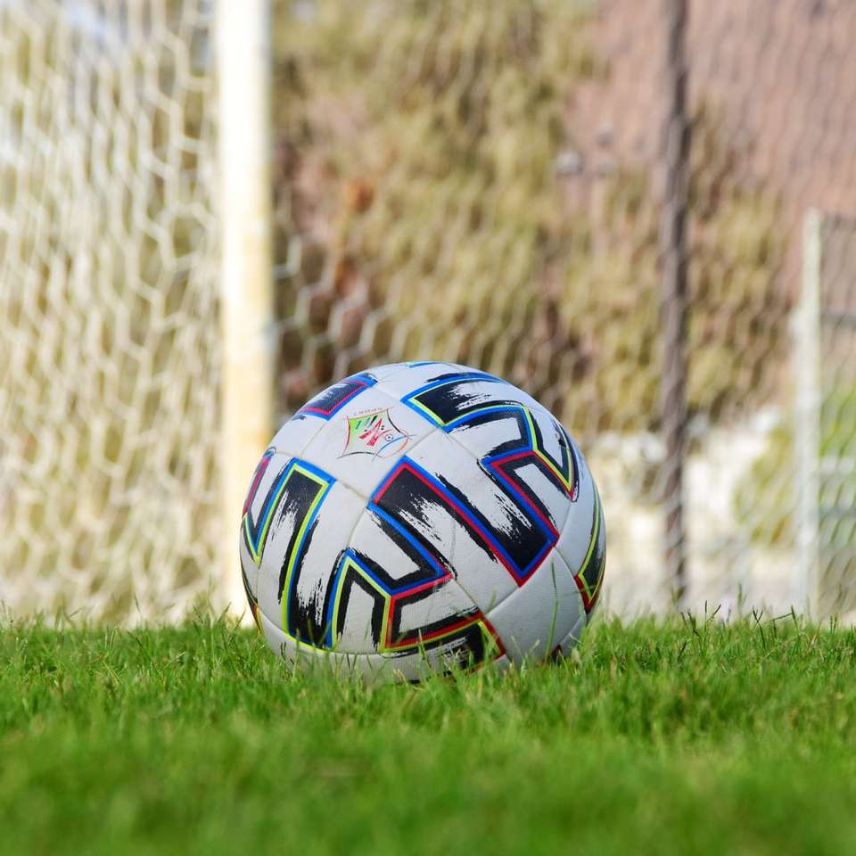 緑の芝生のフィールドに白青と赤のサッカーボール オンラインパズル