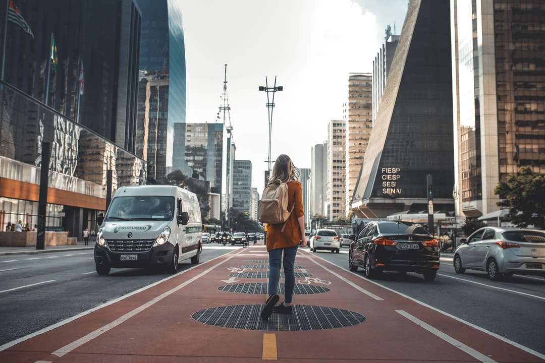 Fotografia femeii care se plimba între drum cu vehicule jigsaw puzzle online