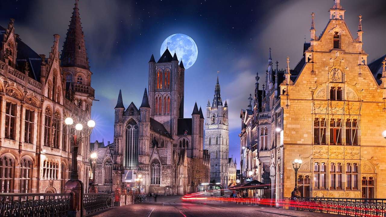 Город ночью-Гент-Бельгия онлайн-пазл