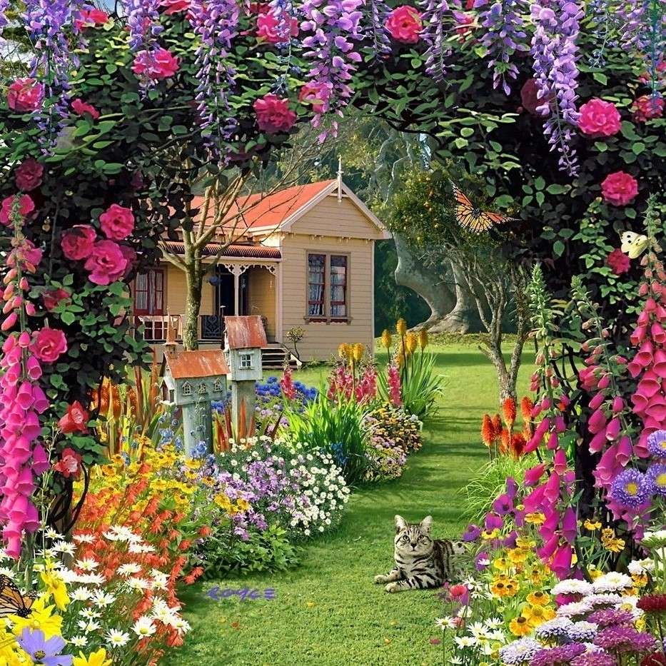 Jardín floreciente con una casa. rompecabezas en línea