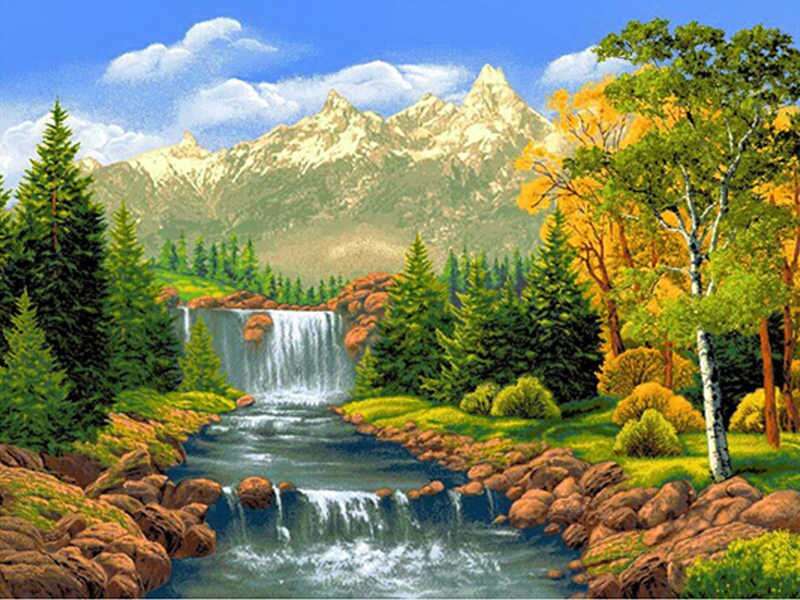 Waterval in de bergen in de herfst puzzel
