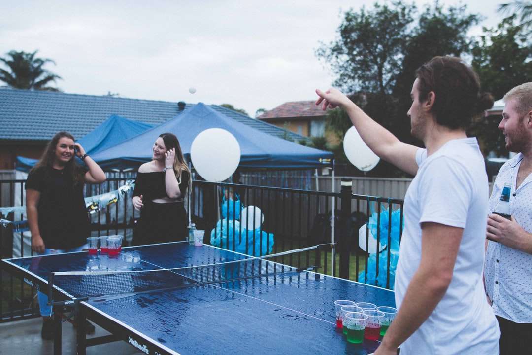kvinna kontra man spelar beer pong under molnig himmel Pussel online
