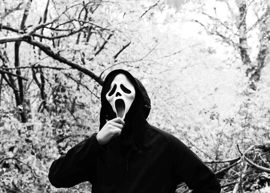 Persona con máscara en blanco y negro y sudadera con capucha negra. rompecabezas en línea