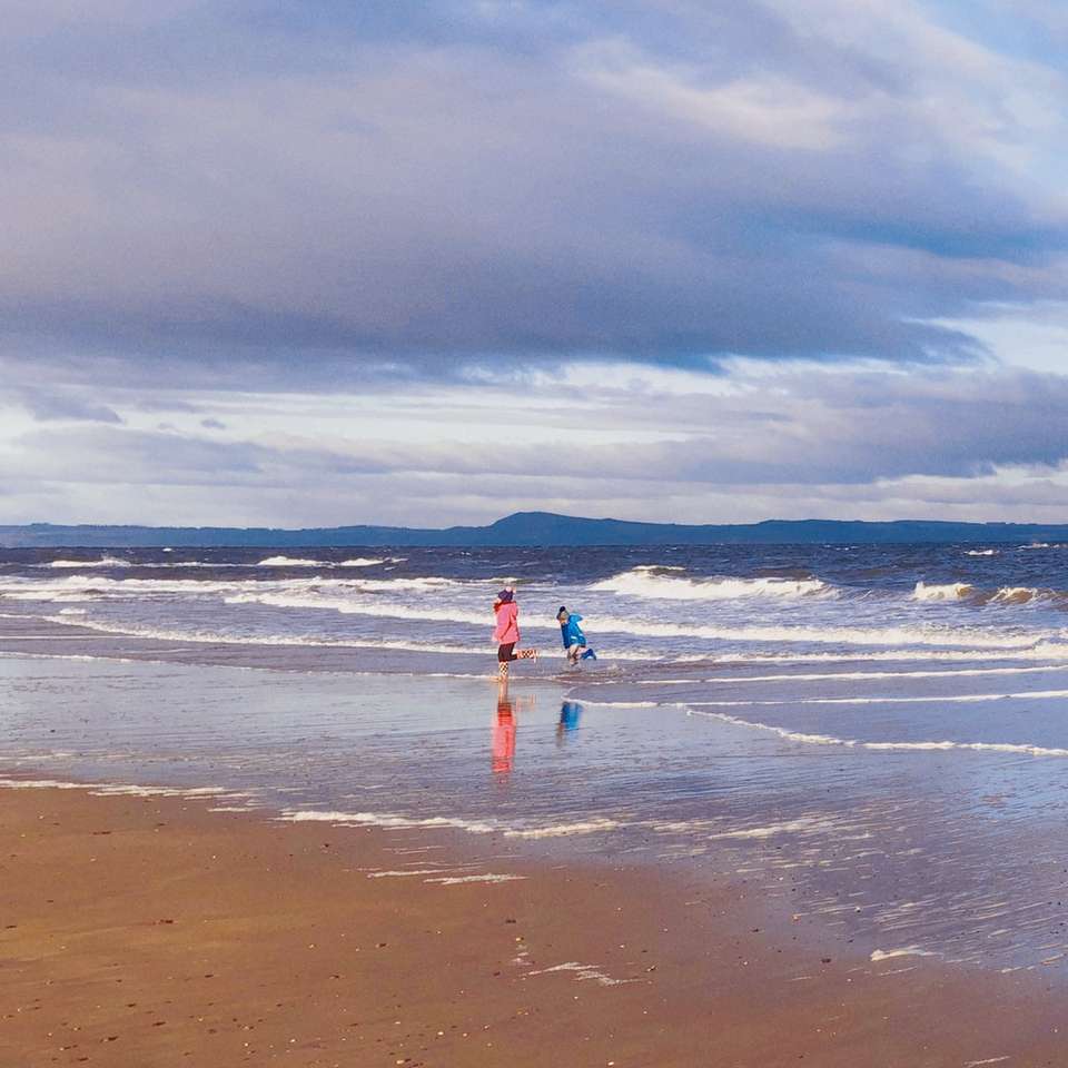 Persona in camicia rossa in piedi sulla spiaggia durante il giorno puzzle online