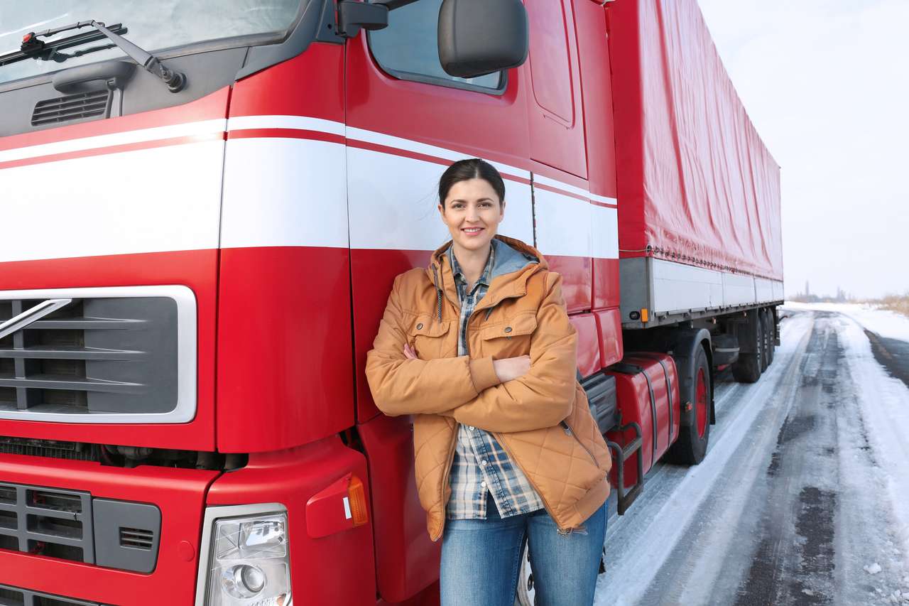 Kvinnlig förare nära stor lastbil pussel på nätet