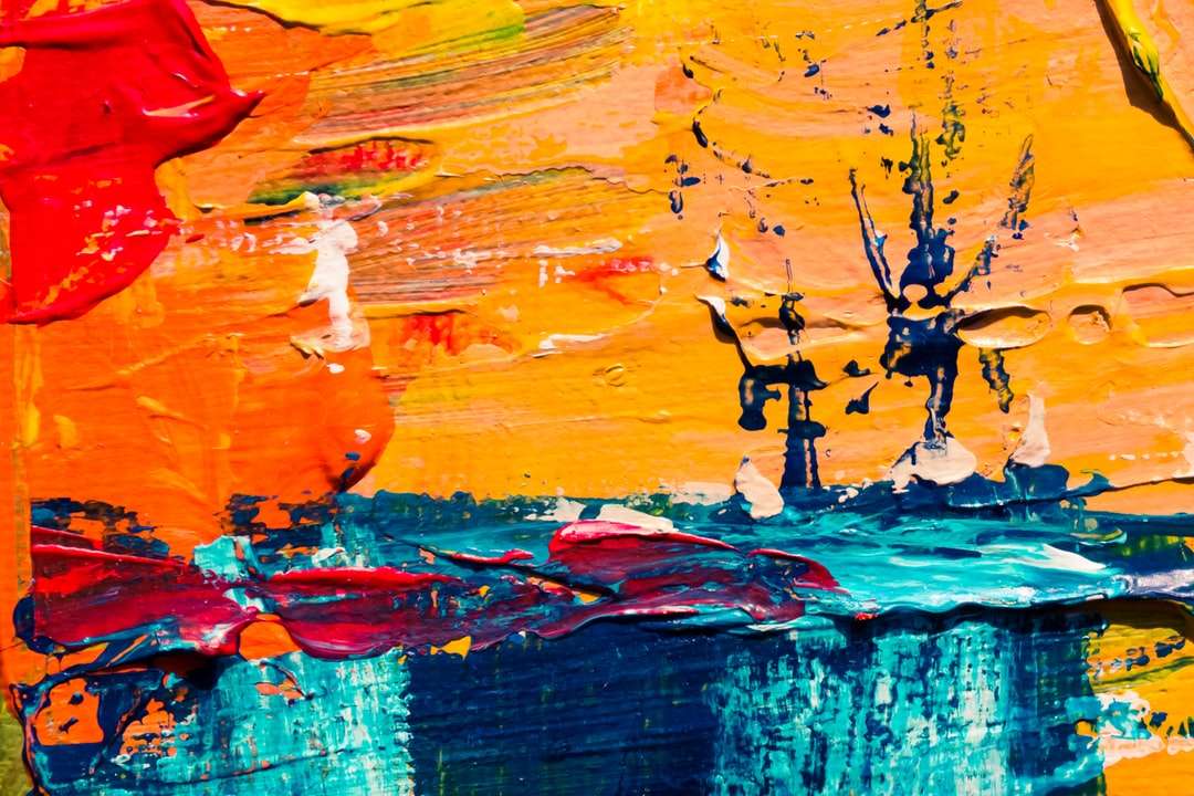 Orange, röd och blå abstrakt målning Pussel online