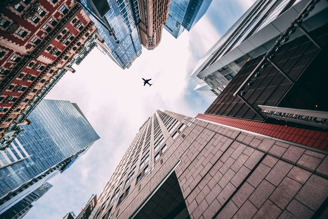 Pohled z červů na letadlo letící nad městem skládačky online