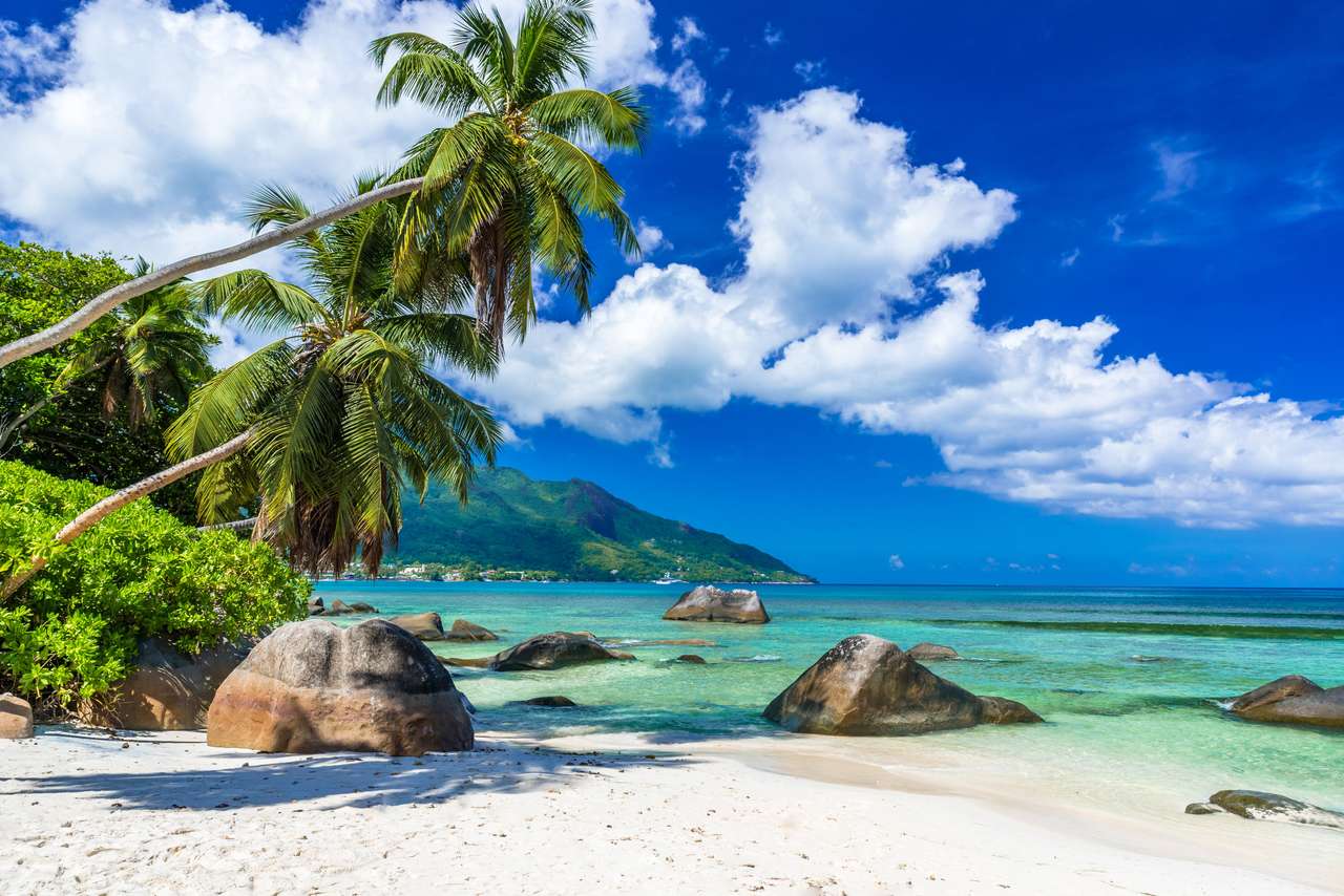 Baie Beau Vallon - Spiaggia sull'isola Mahe in Seychelles puzzle online
