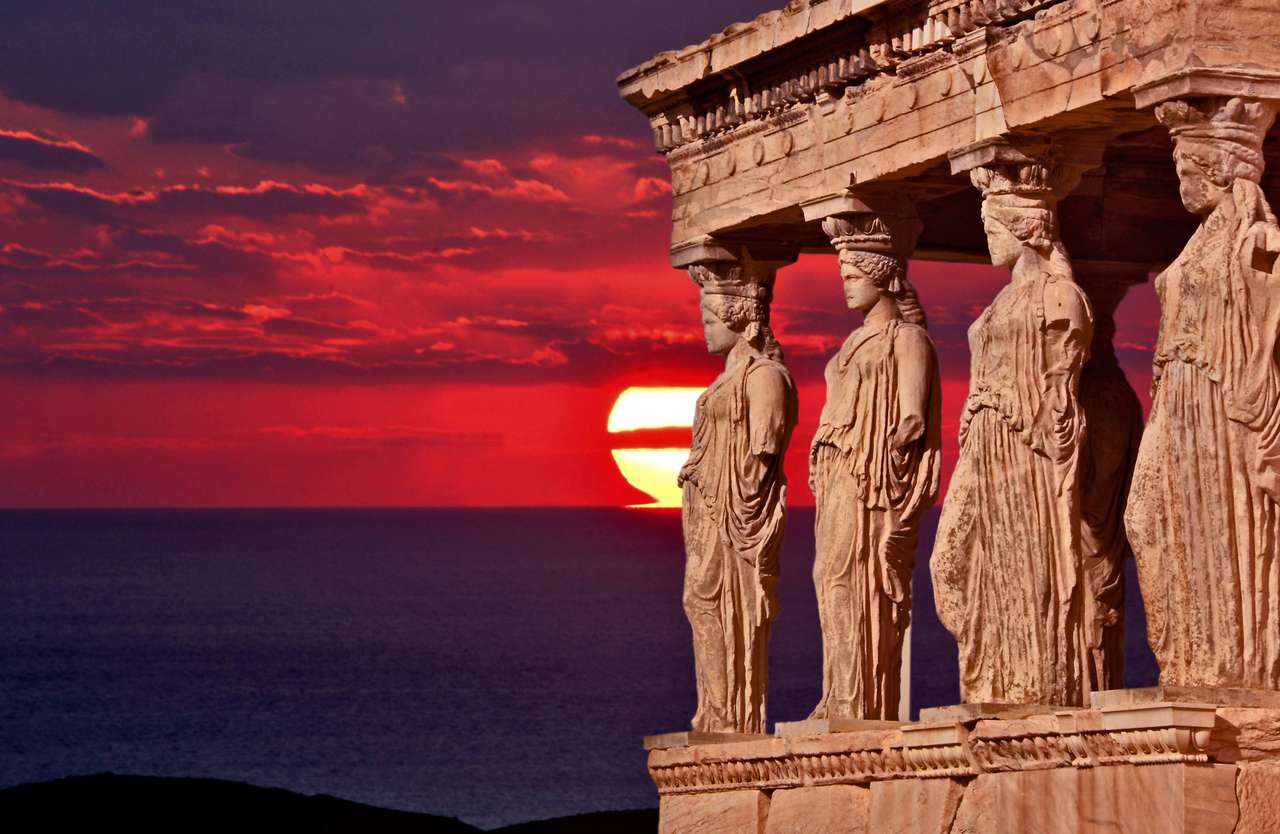 Athenens magi med solnedgång och hav. Pussel online