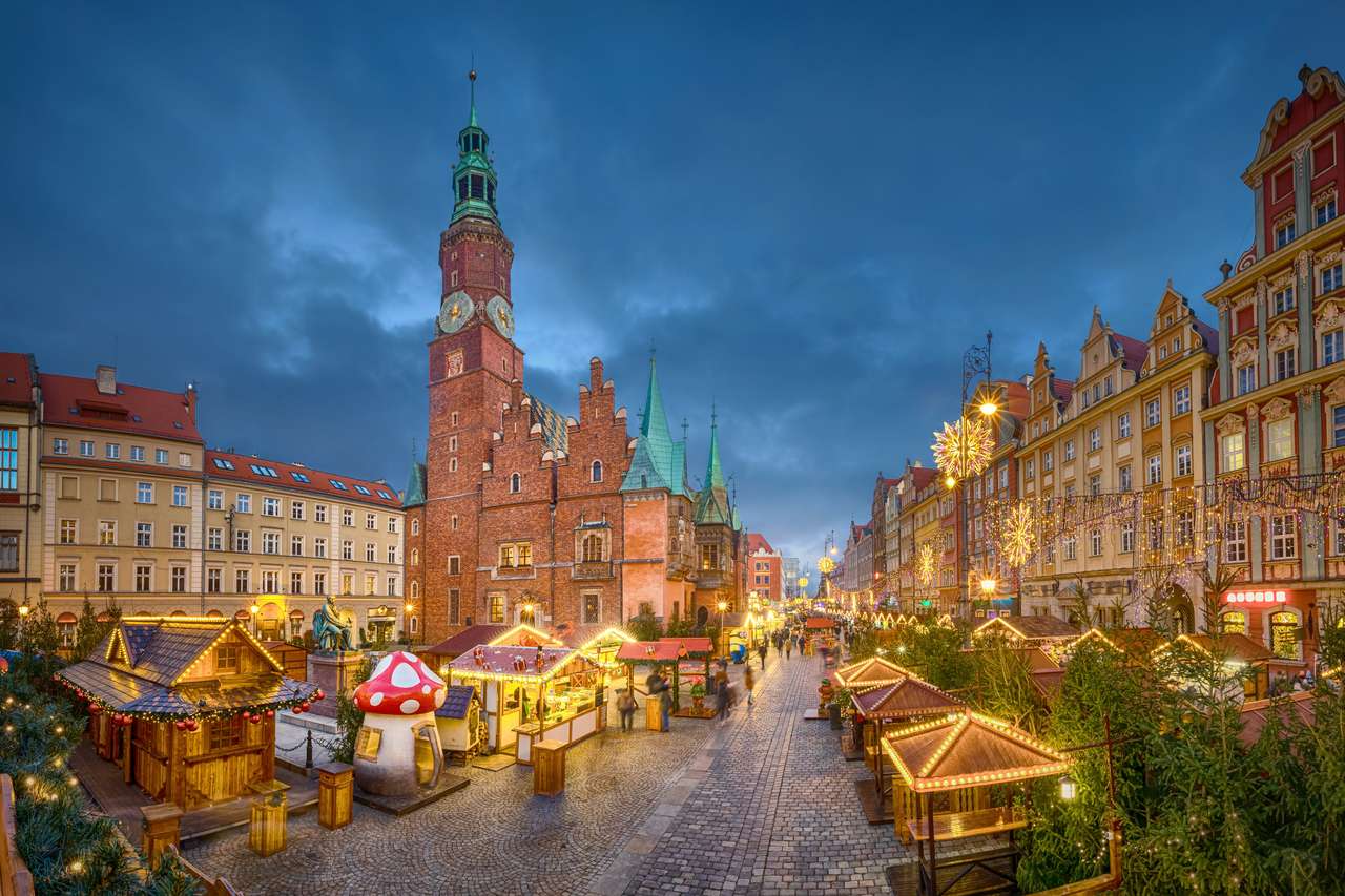 Marché de Noël sur la place Rynek à Wroclaw puzzle en ligne