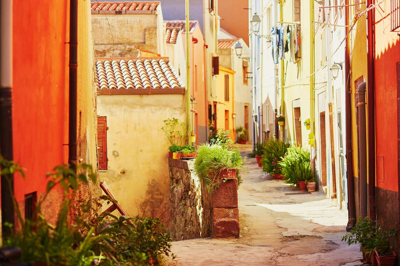 Italienska hus på en gata i Bosa, Sardinien Pussel online
