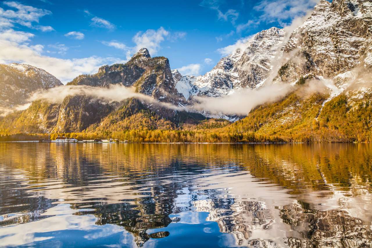 os Alpes com reflexo de lago de montanha puzzle online