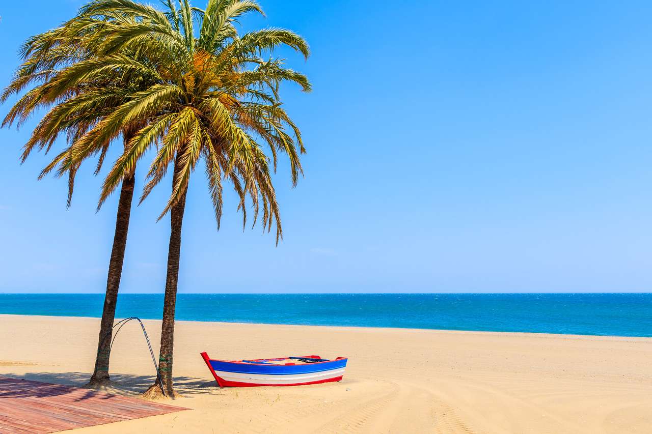 Fishing boat and palm trees on sandy beach jigsaw puzzle online