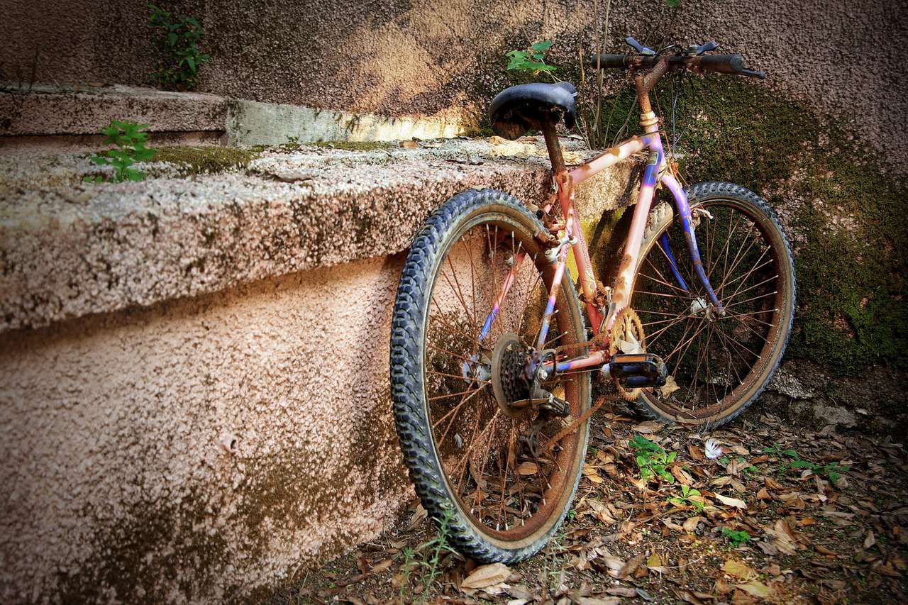 Oude roestige fiets geparkeerd tegen een muur in een park online puzzel