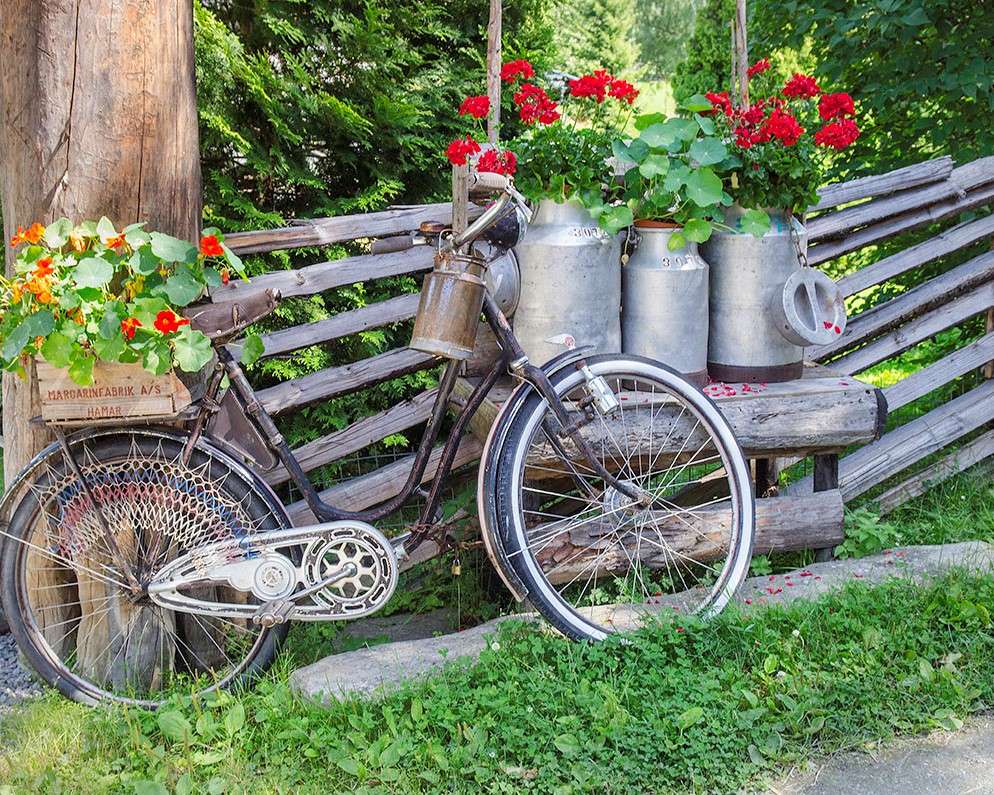 Украшение сада - велосипед, каноэ пазл онлайн