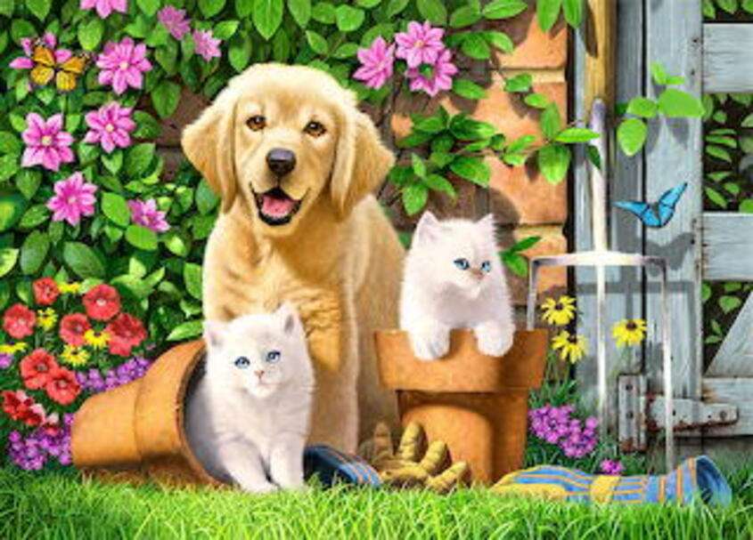 Puppy in garden with kittens jigsaw puzzle online