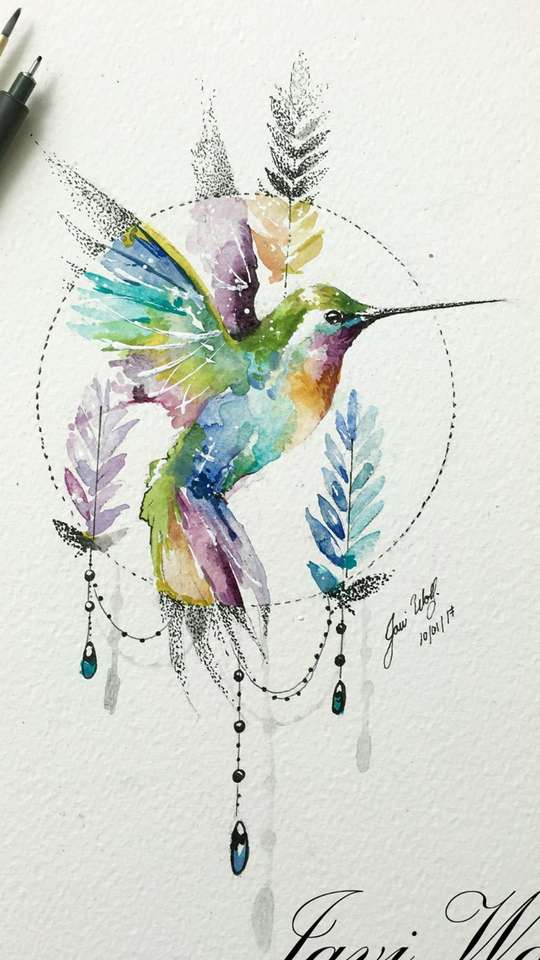 Цветные колибри акварелью пазл онлайн