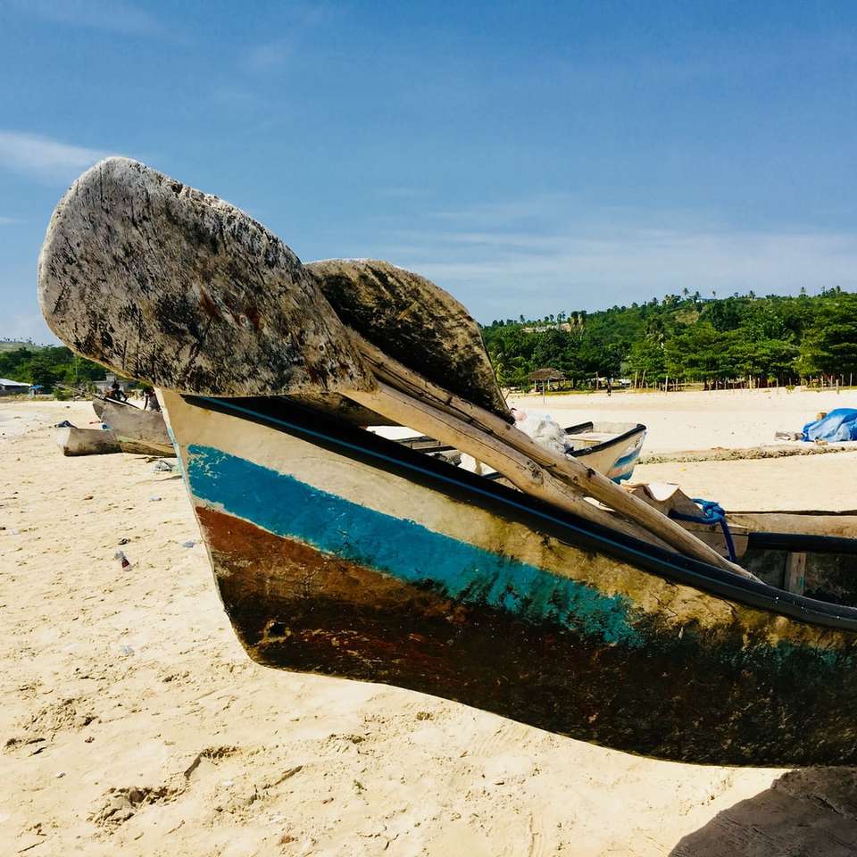hnědá a modrá loď na pláži během dne skládačky online