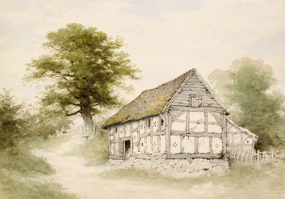 ζωγραφική στο λευκό σπίτι δίπλα στο πράσινοφυλλο δέντρο online παζλ