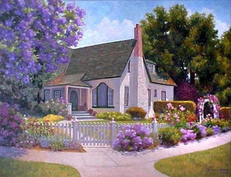 Mooi huis, omgeven door bloemen. online puzzel