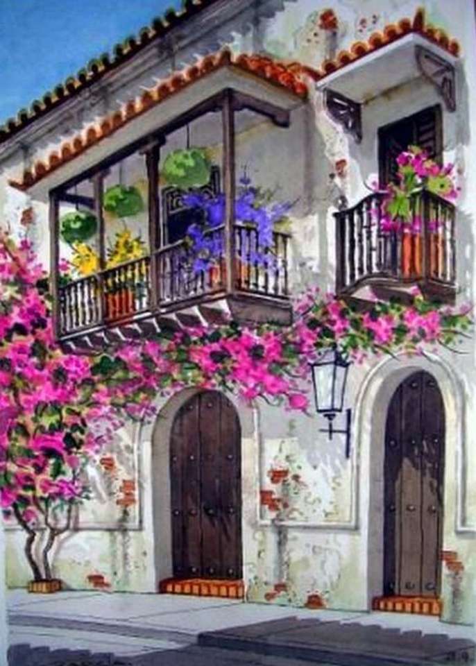 Bonita terraza y casa en flores. rompecabezas en línea
