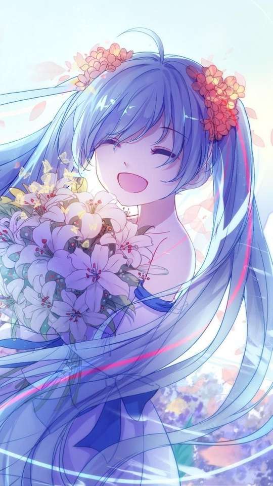 Flicka med en bukett blommor pussel på nätet