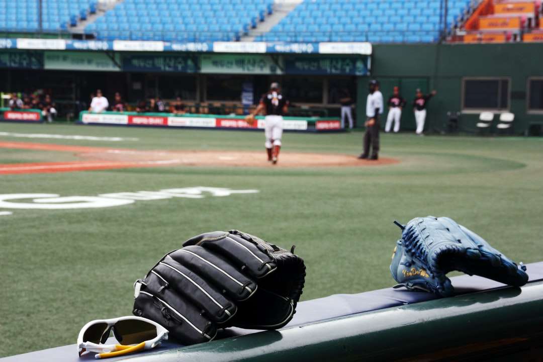 dos guantes de béisbol negros y azules en el carril rompecabezas en línea