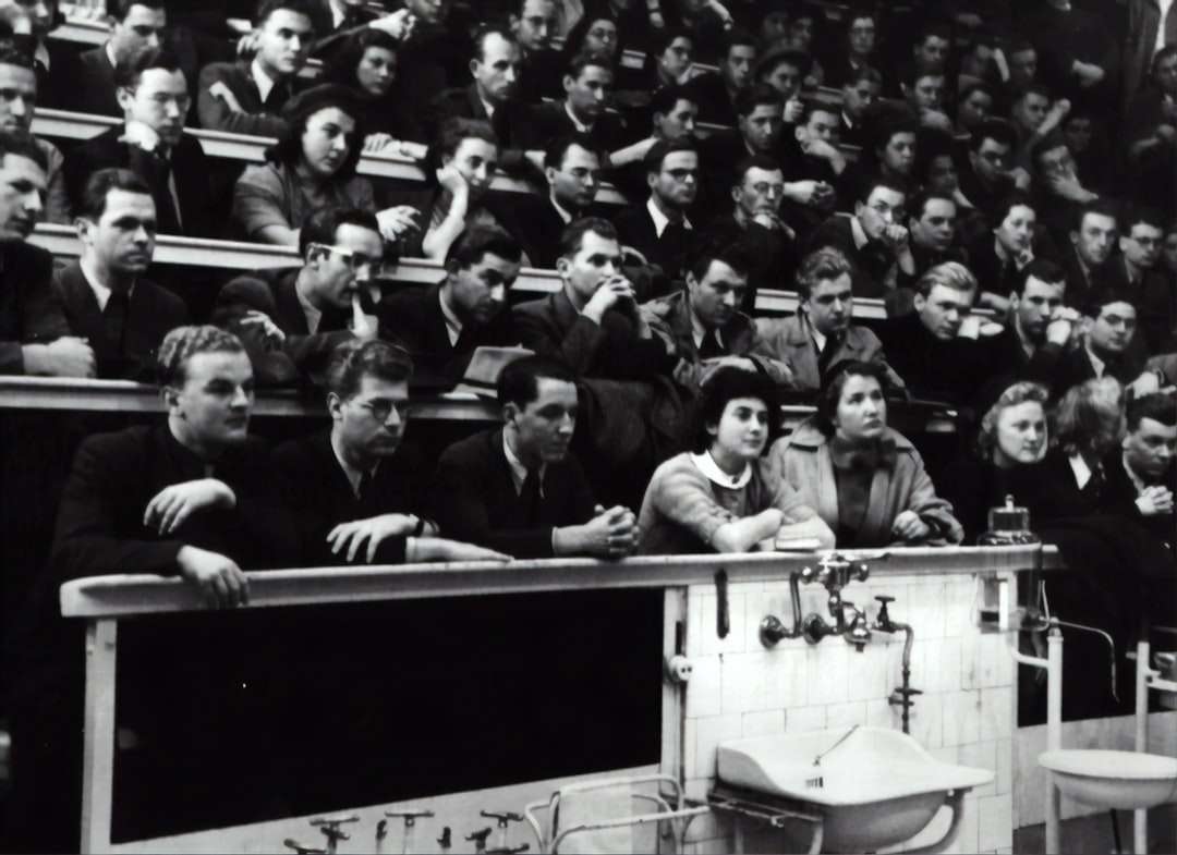 gråskalefotografi av människor som sitter på folkmassan stol Pussel online