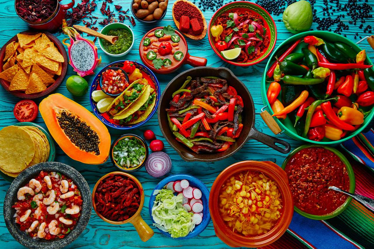 Mexikanischer Lebensmittelmix bunter Hintergrund Mexiko Online-Puzzle