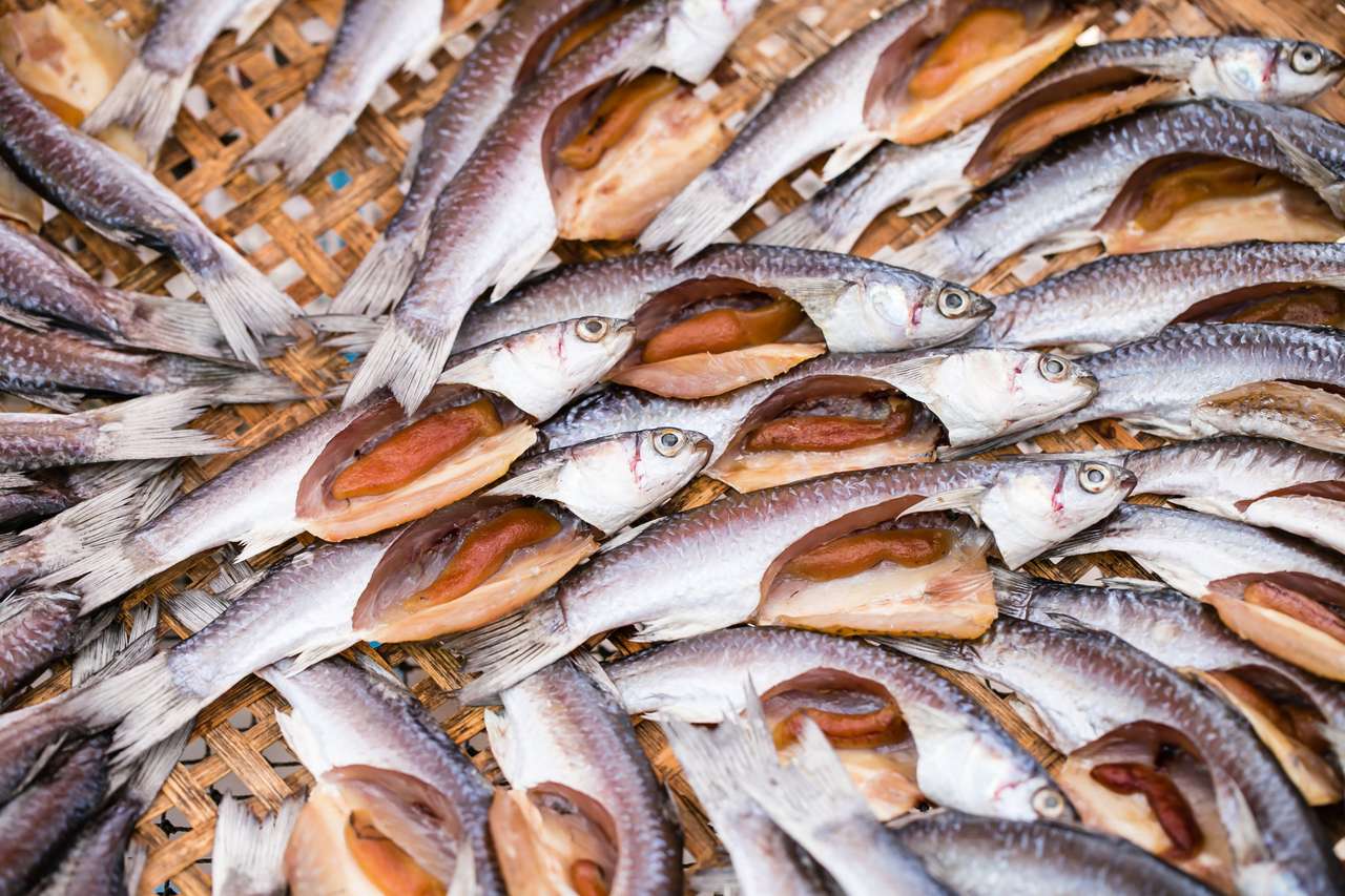 Traditioneel gezouten vis drogen op rekken legpuzzel online